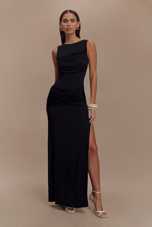 Robe Maxi Henley en Drapé Fluide - Noir
