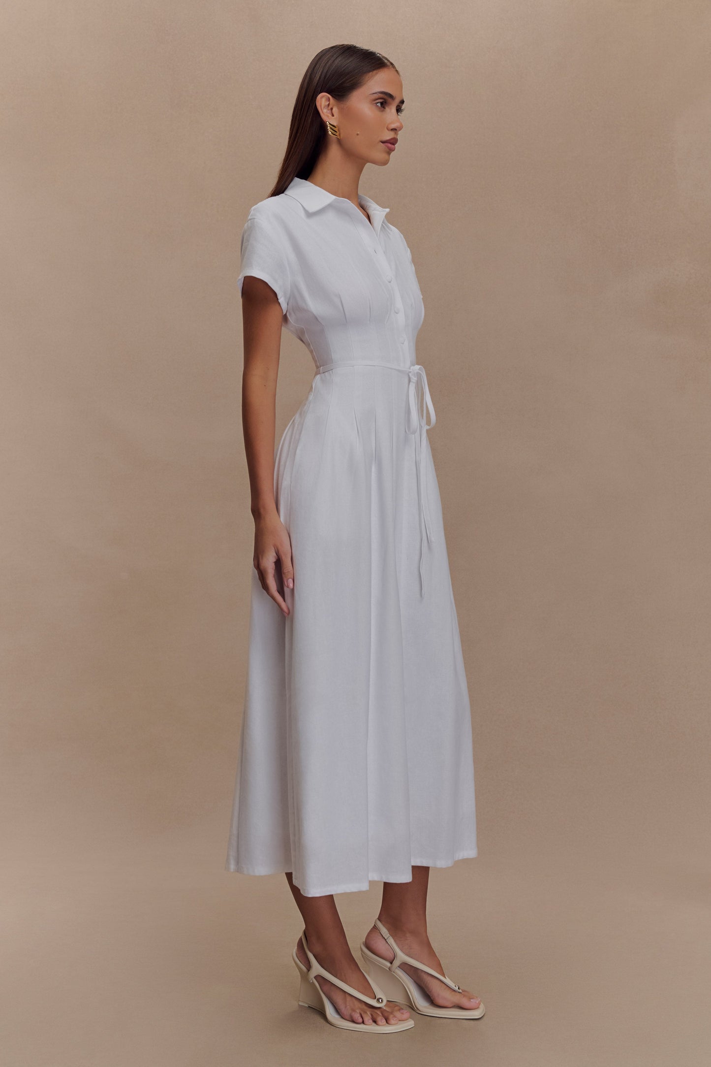 Robe midi en lin à boutons Aysha - Blanc
