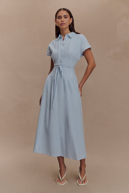 Robe midi en lin à boutons Aysha - Bleu bleuet
