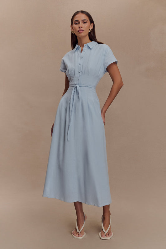 Robe midi en lin à boutons Aysha - Bleu bleuet