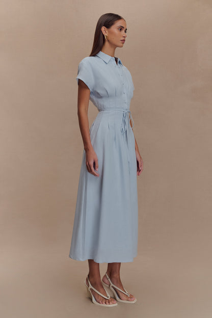 Robe midi en lin à boutons Aysha - Bleu bleuet
