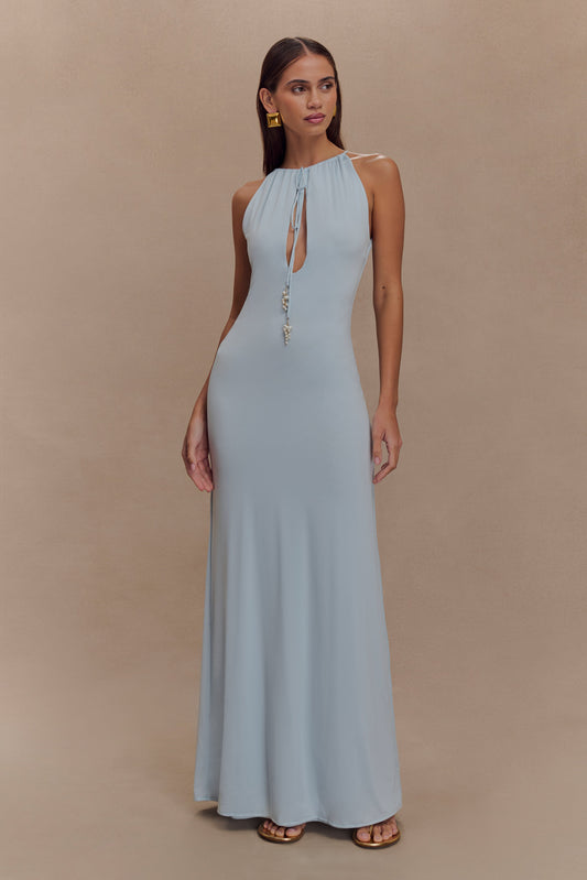 Robe Maxi Beryl Étroite et Élastique avec Perles - Bleu Clair