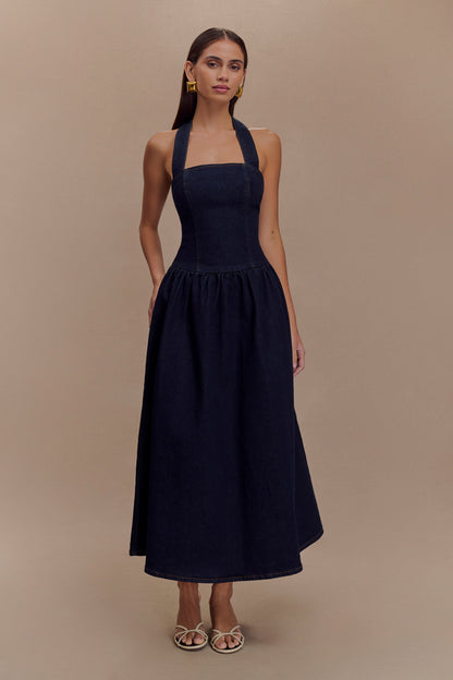 Caroline Robe Midi en Jean à Décolleté Halter - Bleu Indigo