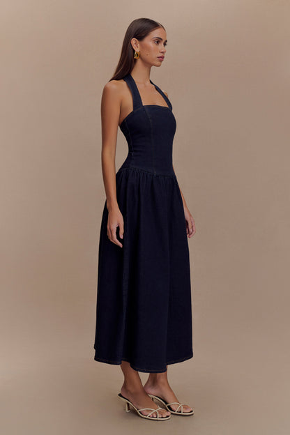 Caroline Robe Midi en Jean à Décolleté Halter - Bleu Indigo