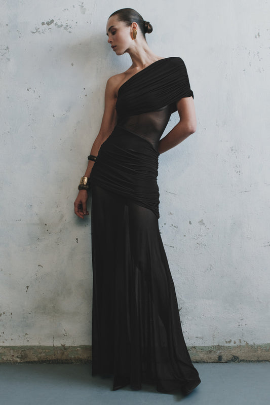 Robe Maxi en Maille à Une Épaule Dallas - Noir