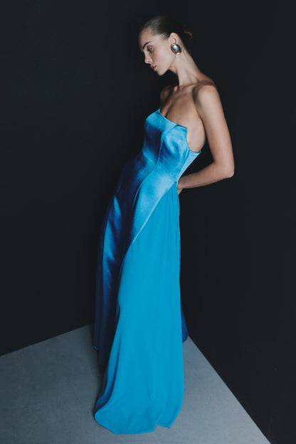 Robe Maxi Satin Sans Bretelles Rosella - Bleu Cyan