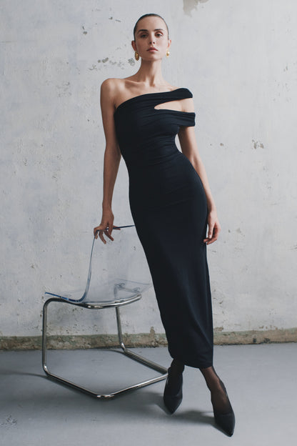 Robe midi en modal à une épaule dénudée Anastasia - Noir