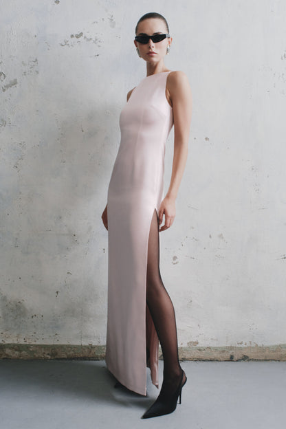 Violet Robe Maxi en Satin Sans Manches - Rose Poudré