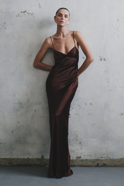 Robe Maxi Satin Lilly Sweetheart - Chocolat Noir