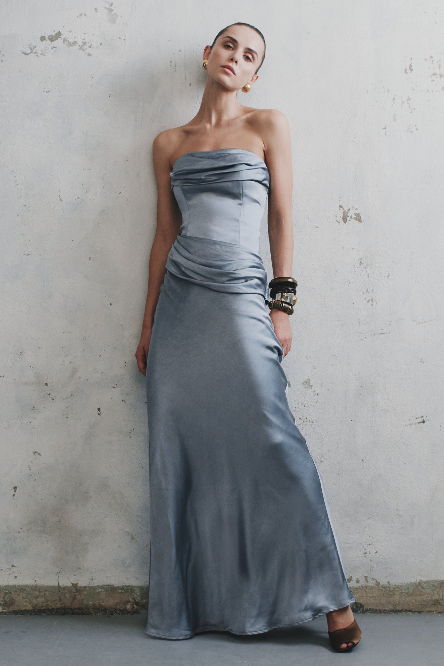 Jasmine Robe Maxi Satin Sans Bretelles - Bleu Glacé