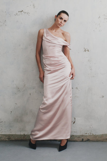 Robe Maxi en Satin Dalia à Manches Décolletées - Rose Poudré