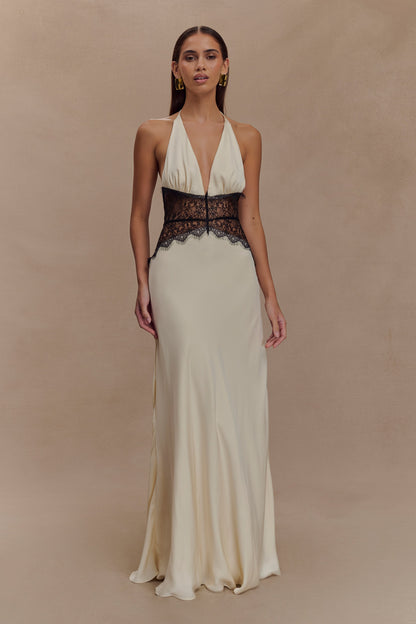 Maxi-robe en dentelle et satin Dinah - Noir/Ivoire