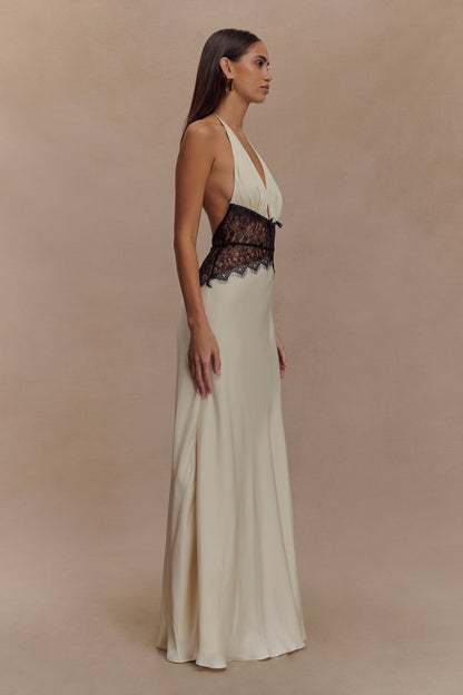 Maxi-robe en dentelle et satin Dinah - Noir/Ivoire
