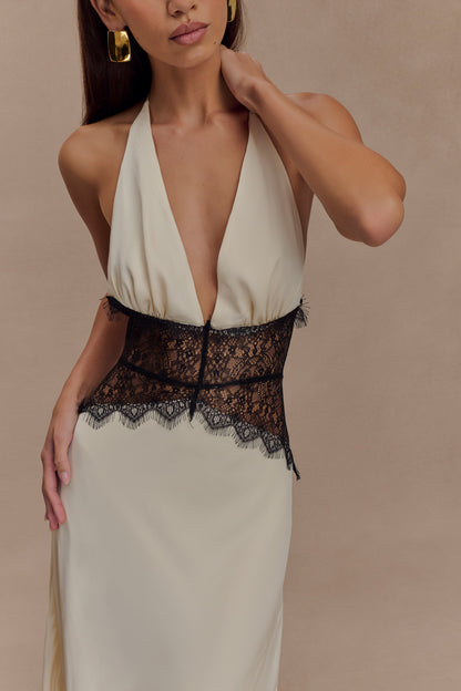 Maxi-robe en dentelle et satin Dinah - Noir/Ivoire
