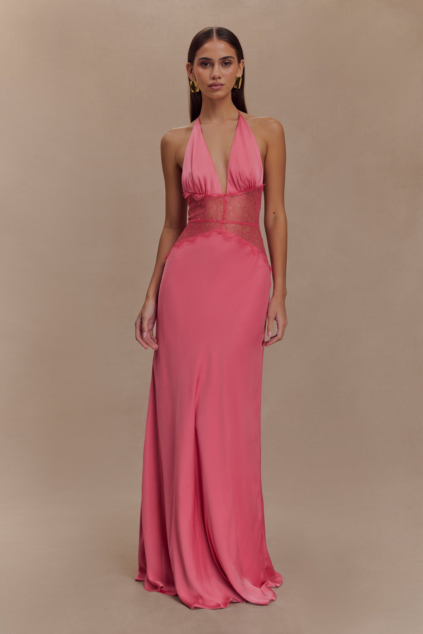 Robe Maxi en Dentelle et Satin Dinah - Rose Poudré