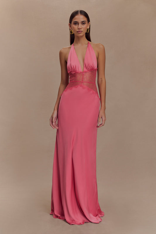 Robe Maxi en Dentelle et Satin Dinah - Rose Poudré