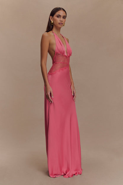 Robe Maxi en Dentelle et Satin Dinah - Rose Poudré
