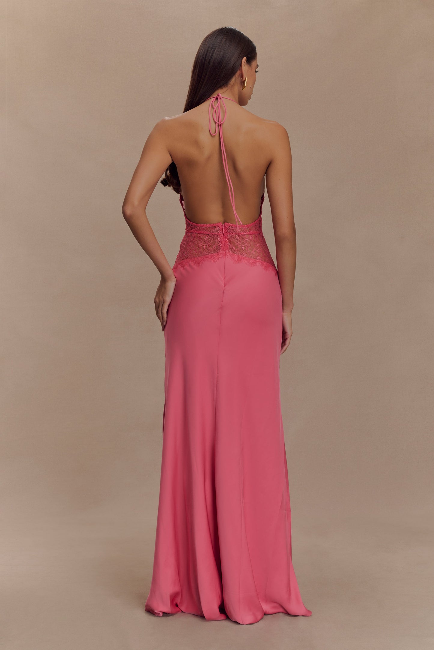 Robe Maxi en Dentelle et Satin Dinah - Rose Poudré