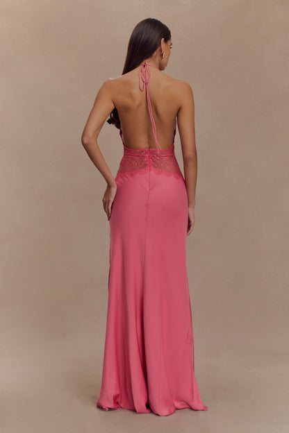 Robe Maxi en Dentelle et Satin Dinah - Rose Poudré