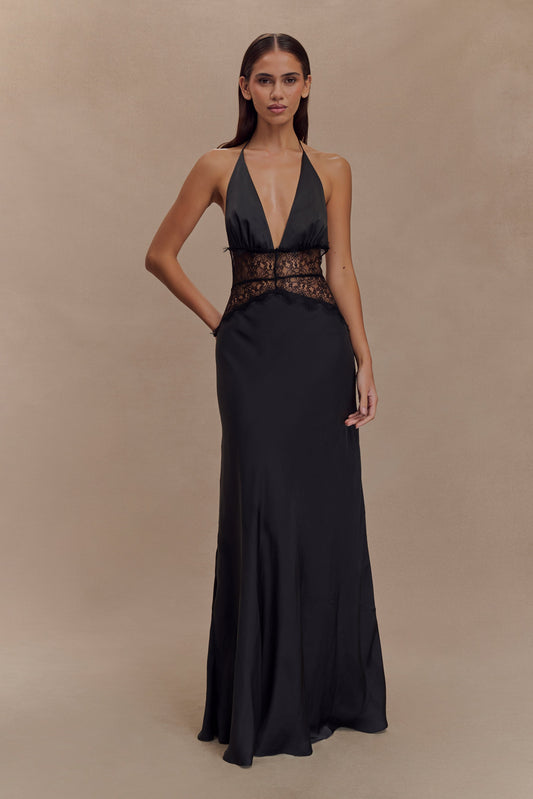 Robe Maxi en Dentelle et Satin Dinah - Noir