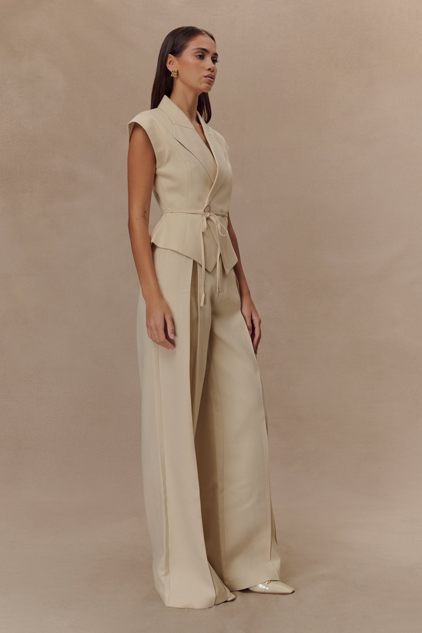 Pantalon en lin à jambes larges et taille mi-hauteur Raya - Beige naturel