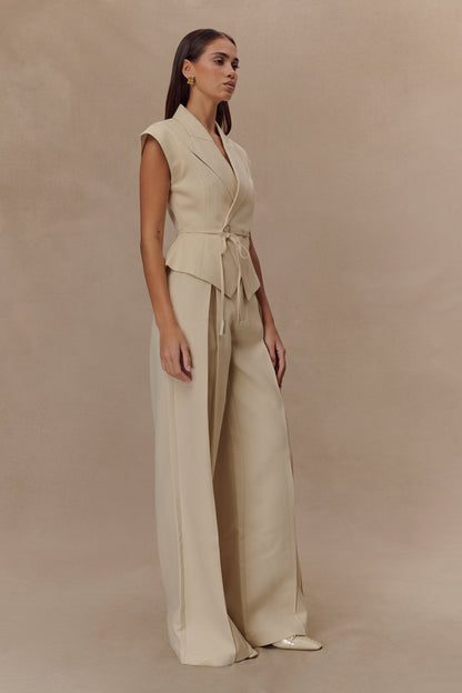 Pantalon en lin à jambes larges et taille mi-hauteur Raya - Beige naturel