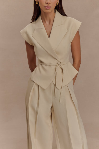 Pantalon en lin à jambes larges et taille mi-hauteur Raya - Beige naturel