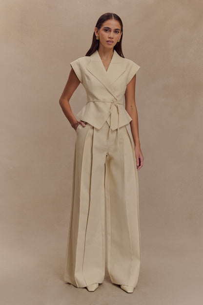 Pantalon en lin à jambes larges et taille mi-hauteur Raya - Beige naturel