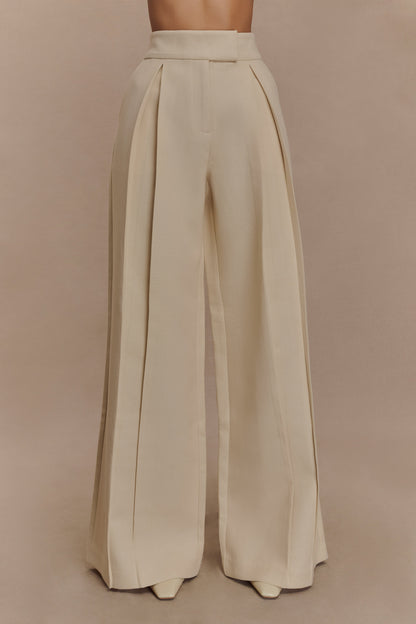 Pantalon en lin à jambes larges et taille mi-hauteur Raya - Beige naturel