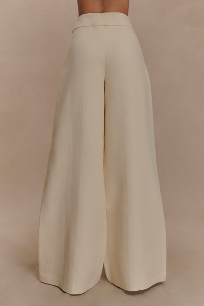 Pantalon en lin à jambes larges et taille mi-hauteur Raya - Beige naturel