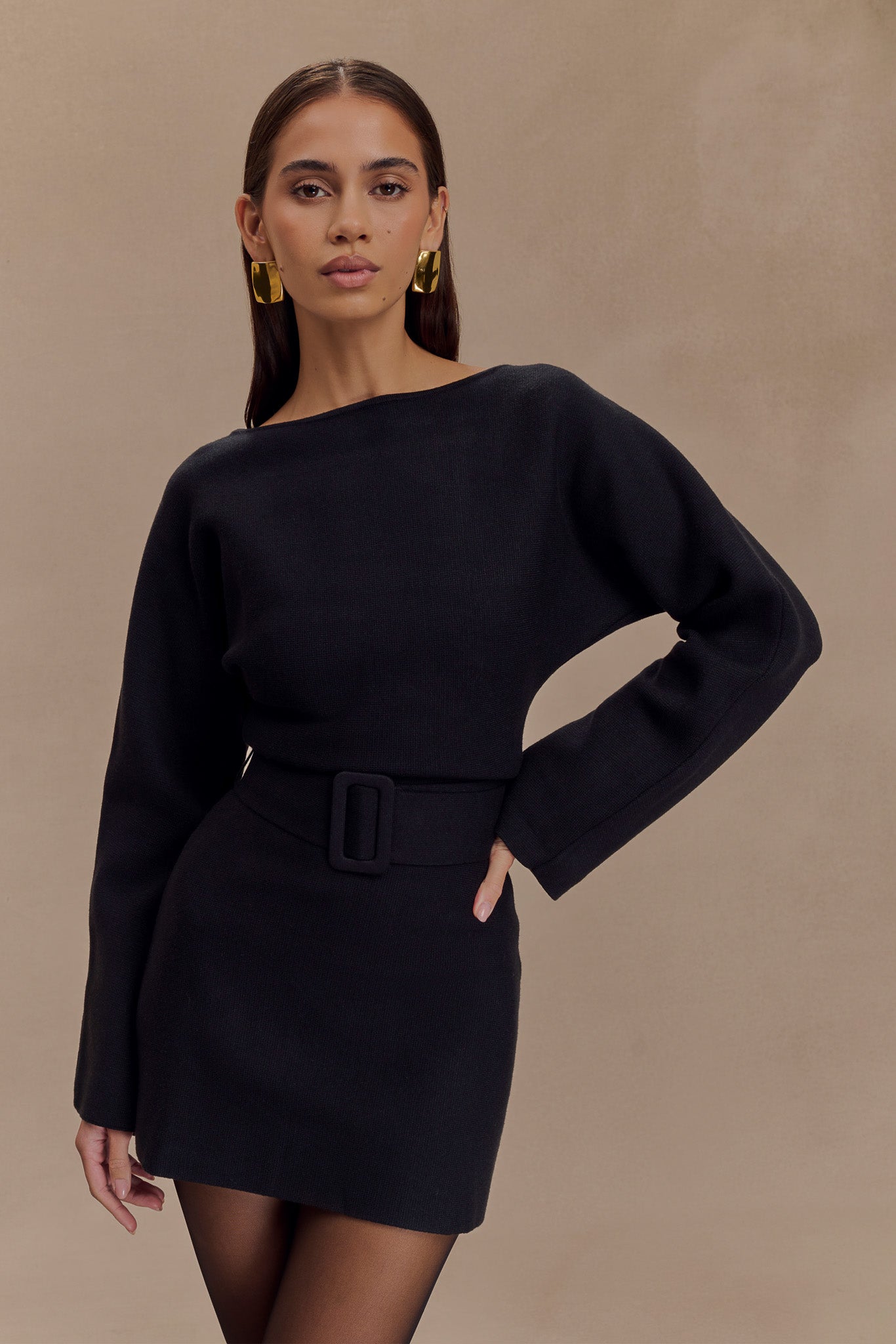 Mini-robe en tricot à nouer avec ceinture Kassie - Noir