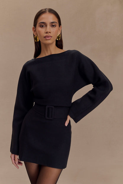 Mini-robe en tricot à nouer avec ceinture Kassie - Noir
