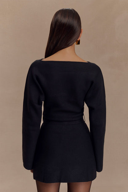 Mini-robe en tricot à nouer avec ceinture Kassie - Noir