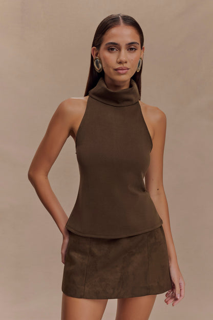 Jupe mini en similicuir daim avec ceinture - Chocolat