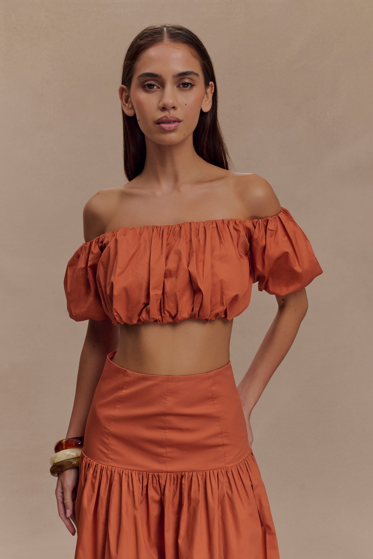 Top automnal à épaules dénudées et manches bouffantes - Orange brûlé
