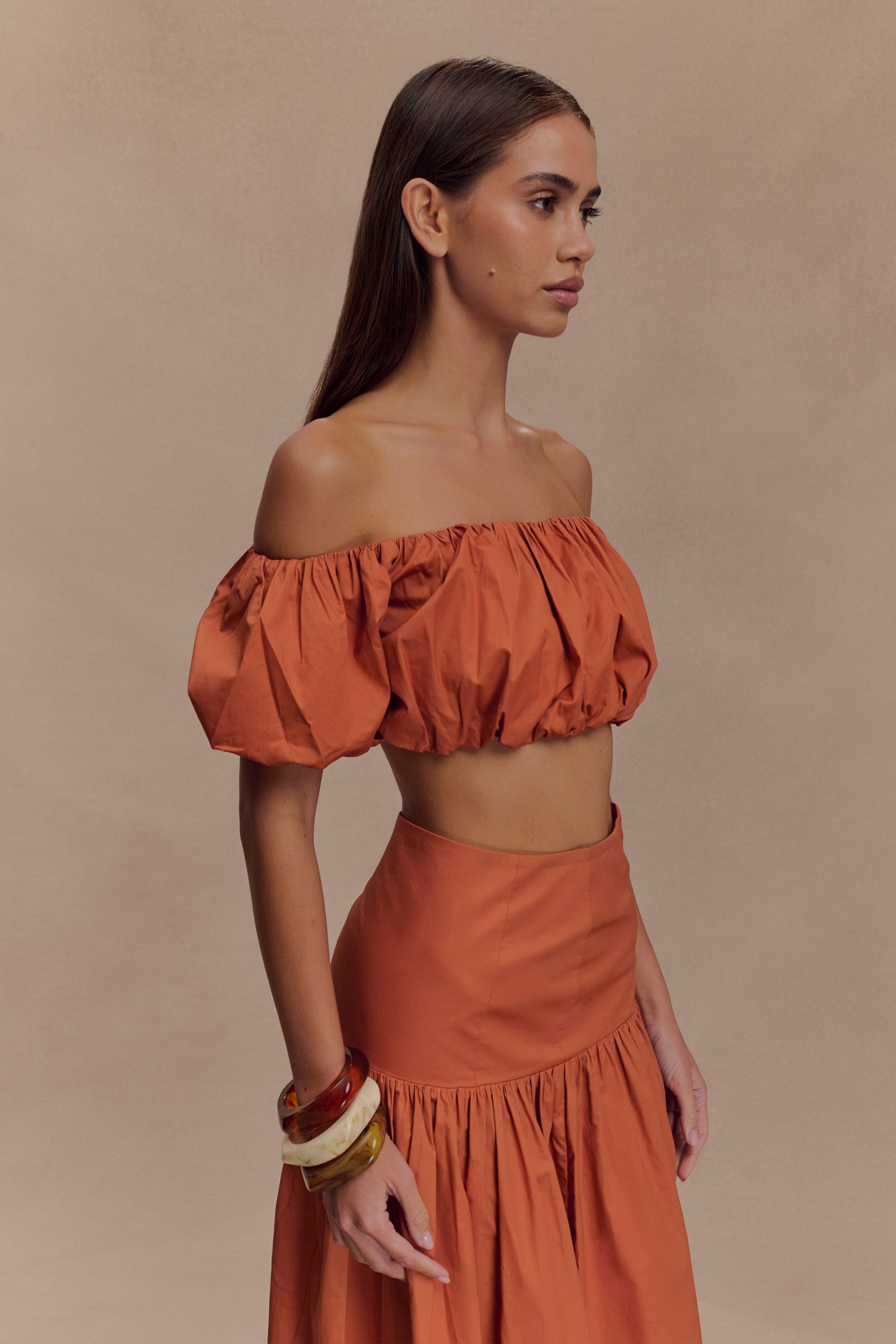 Top automnal à épaules dénudées et manches bouffantes - Orange brûlé