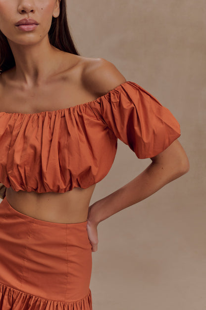 Top automnal à épaules dénudées et manches bouffantes - Orange brûlé