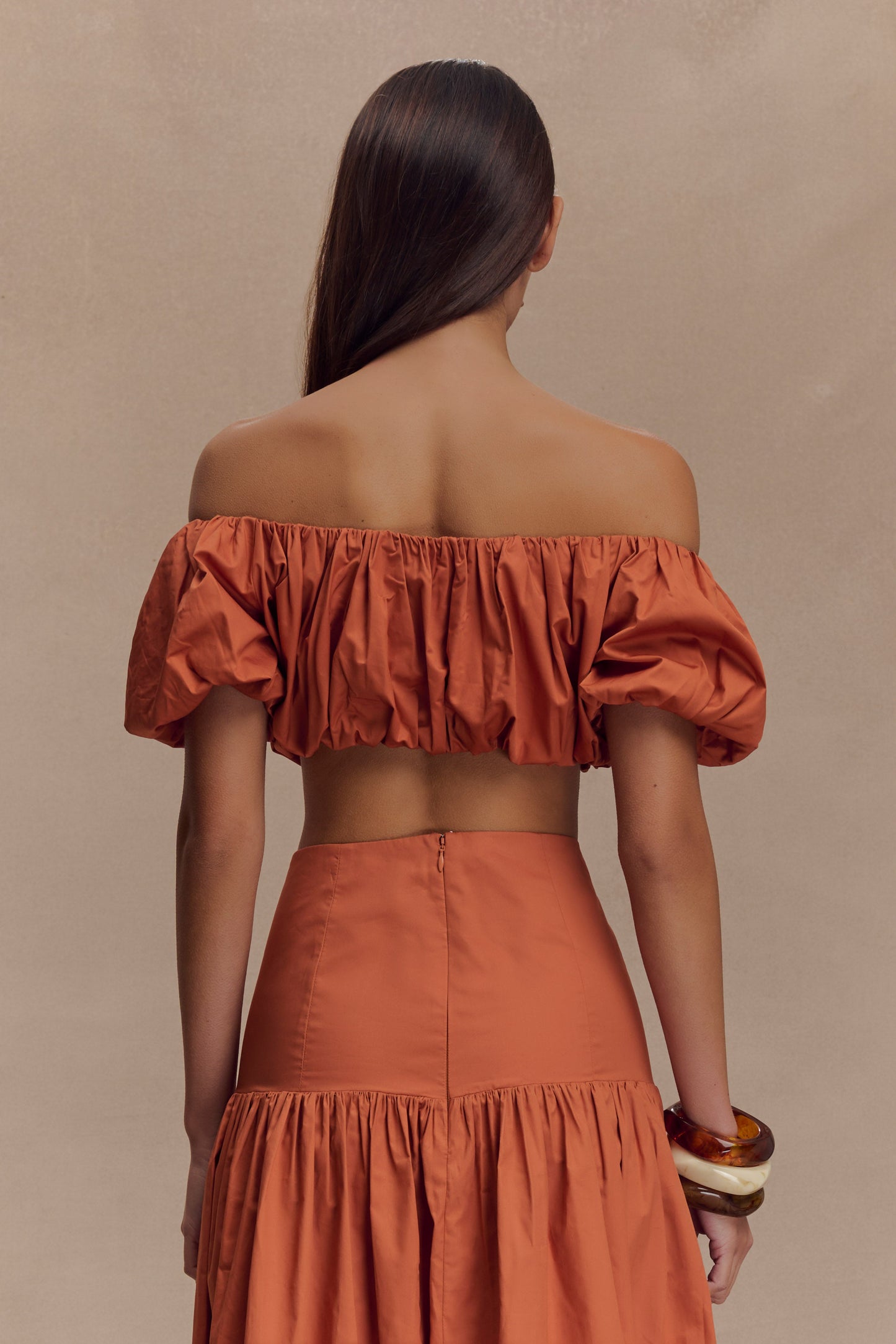 Top automnal à épaules dénudées et manches bouffantes - Orange brûlé