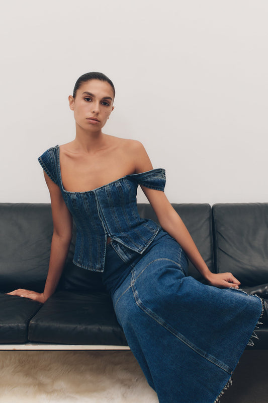 Top en jean à manches courtes Loretta - Bleu foncé délavé