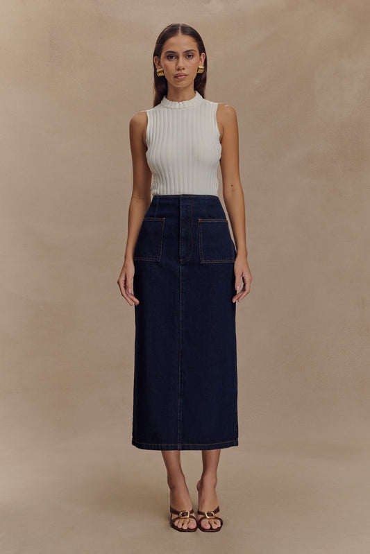 Jupe mi-longue en jean Fallon - Bleu indigo