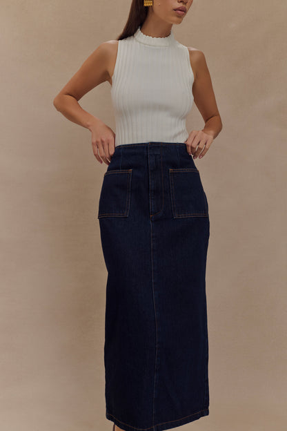 Jupe mi-longue en jean Fallon - Bleu indigo