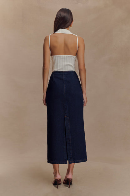 Jupe mi-longue en jean Fallon - Bleu indigo