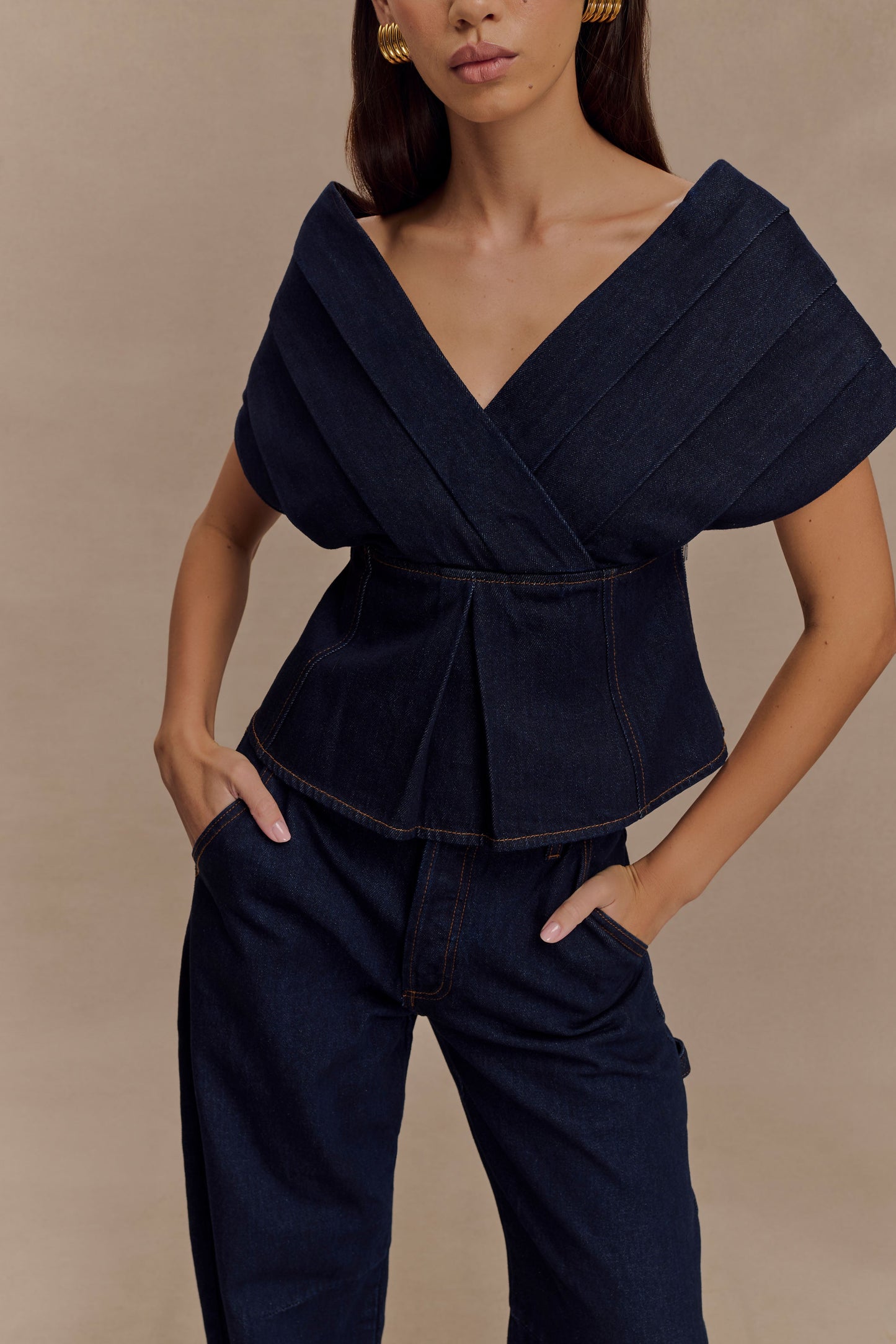 Rayne Haut en jean à épaules dénudées - Bleu indigo