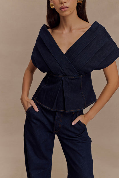 Rayne Haut en jean à épaules dénudées - Bleu indigo