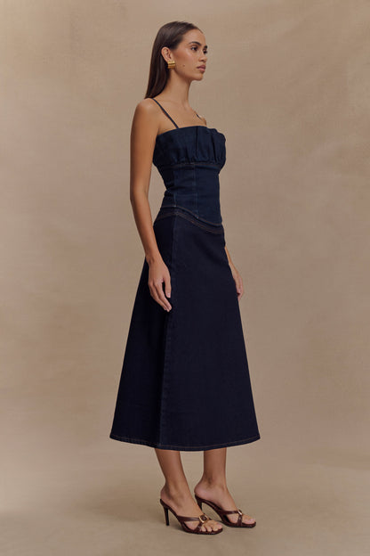 Jupe mi-longue trapèze en jean Cecilia - Bleu indigo