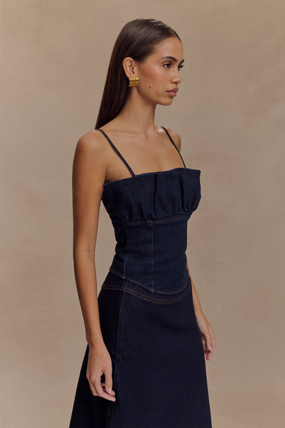 Corset en jean à volants Cecilia - Bleu indigo