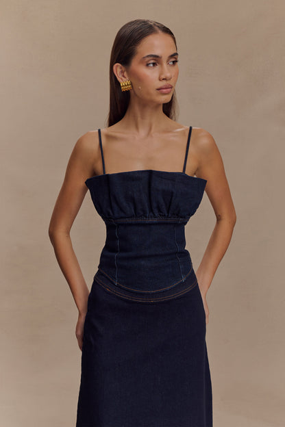 Corset en jean à volants Cecilia - Bleu indigo