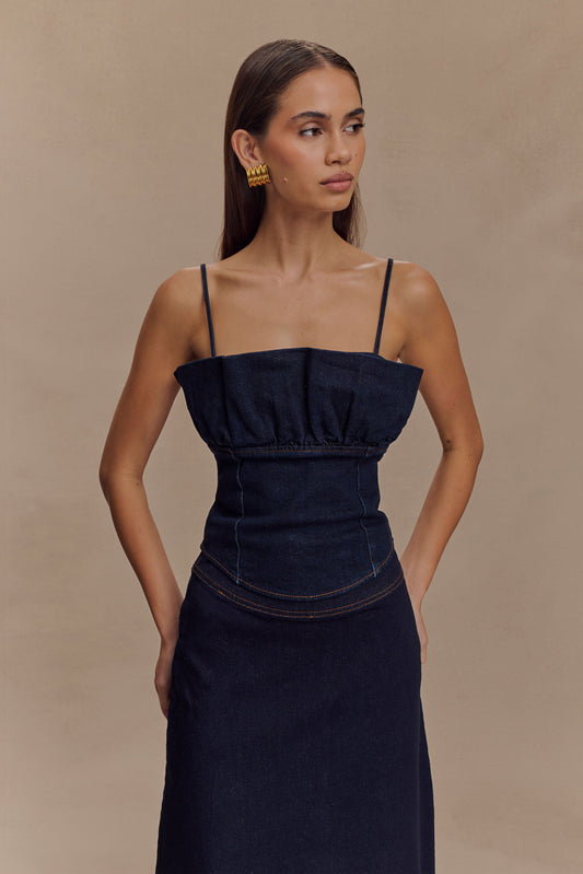 Corset en jean à volants Cecilia - Bleu indigo