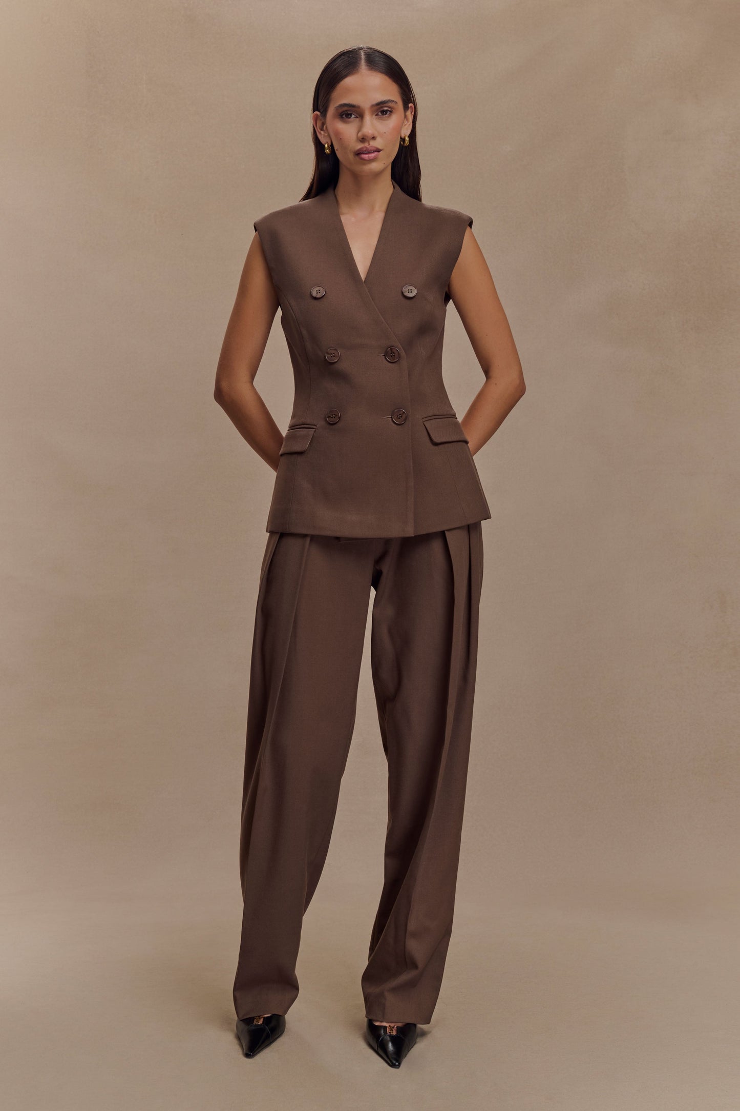 Pantalon à taille haute plissé Penelope - Chocolat