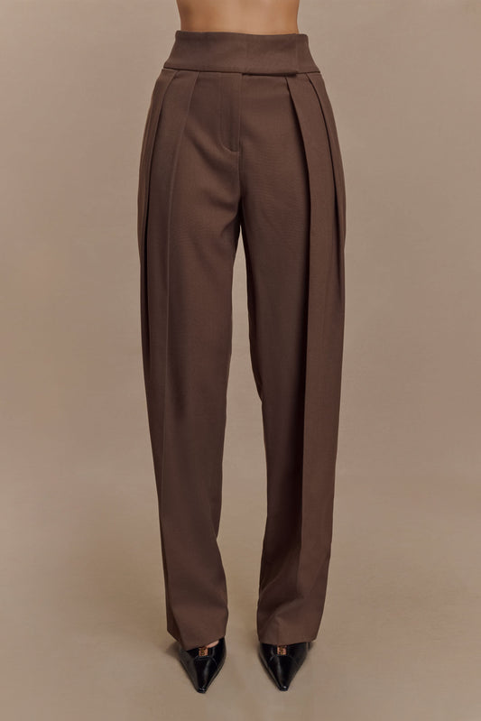 Pantalon à taille haute plissé Penelope - Chocolat